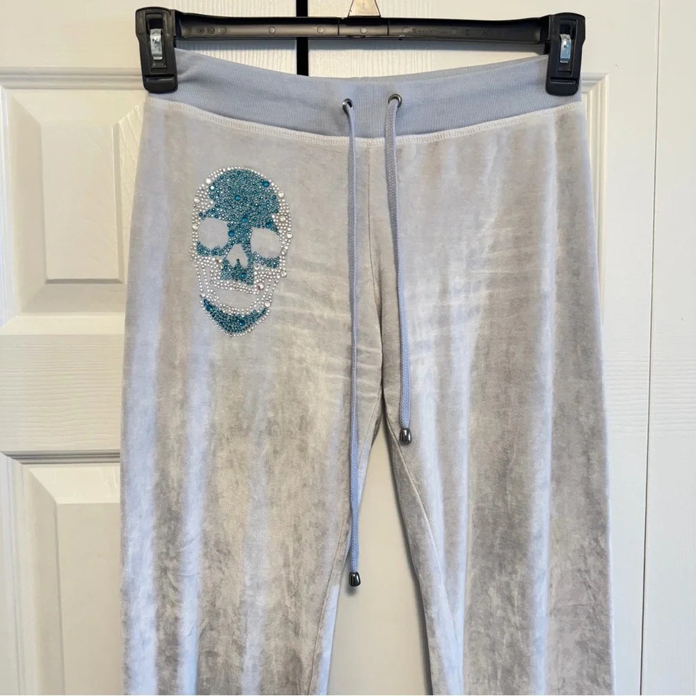 Philipp Plein Gray Velour Pants with Teal Crystal Skull Logo, Size S